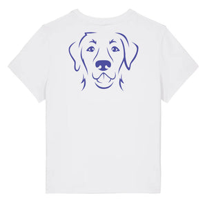 Blue outline illustration of the head of a Labrador Retriever on the back of a white ladies t-shirt