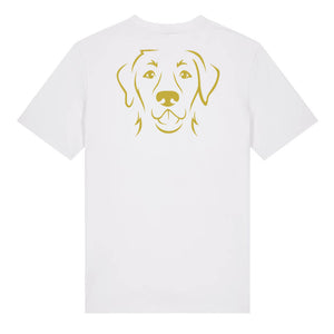 Gold outline illustration of the head of a Labrador Retriever on the back of a white unisex t-shirt