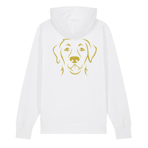 Gold outline illustration of the head of a Labrador Retriever on the back of a white unisex Hoodie