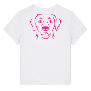 Magenta outline illustration of the head of a Labrador Retriever on the back of a white ladies t-shirt