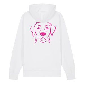 Magenta outline illustration of the head of a Labrador Retriever on the back of a white unisex Hoodie