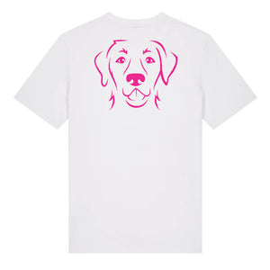 Magenta outline illustration of the head of a Labrador Retriever on the back of a white unisex t-shirt