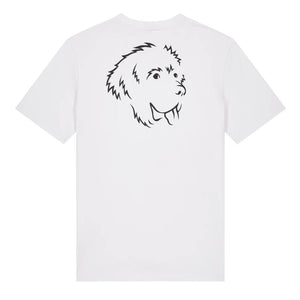 Black outline illustration of the head of a Newfoundland on the back of a white unisex t-shirt