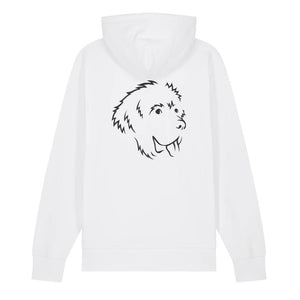 Black outline illustration of the head of a Newfoundland on the back of a white unisex Hoodie