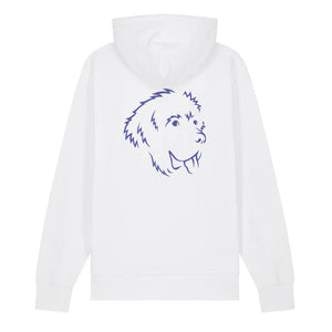 Blue outline illustration of the head of a Newfoundland on the back of a white unisex Hoodie