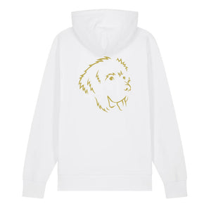 Gold outline illustration of the head of a Newfoundland on the back of a white unisex Hoodie