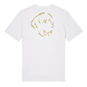 Gold outline illustration of the head of a Newfoundland on the back of a white unisex t-shirt