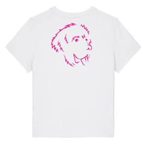Magenta outline illustration of the head of a Newfoundland dog on the back of a white ladies t-shirt