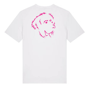 Magenta outline illustration of the head of a Newfoundland on the back of a white unisex t-shirt
