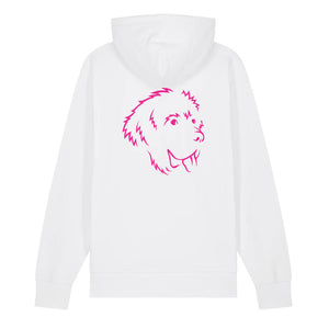 Magenta outline illustration of the head of a Newfoundland on the back of a white unisex Hoodie