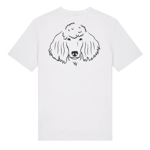 Black outline illustration of the head of a Poodle on the back of a white unisex t-shirt