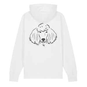 Black outline illustration of the head of a Poodle on the back of a cotton pink unisex Hoodie