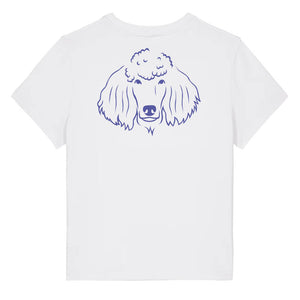 Blue outline illustration of the head of a Poodle on the back of a white ladies t-shirt