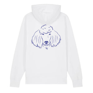 Blue outline illustration of the head of a Poodle on the back of a cotton pink unisex Hoodie