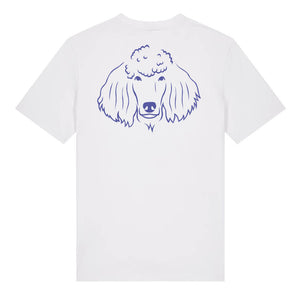 Blue outline illustration of the head of a Poodle on the back of a white unisex t-shirt