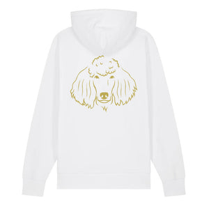 Gold outline illustration of the head of a Poodle on the back of a cotton pink unisex Hoodie
