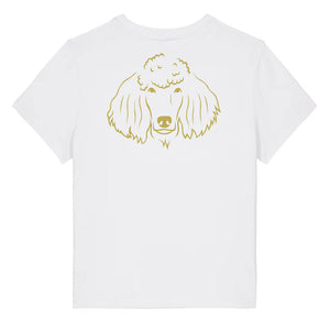 Gold outline illustration of the head of a Poodle on the back of a white ladies t-shirt