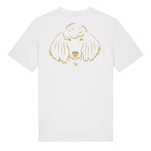 Gold outline illustration of the head of a Poodle on the back of a white unisex t-shirt