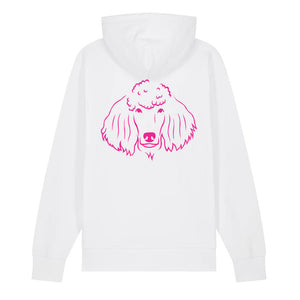 Magenta outline illustration of the head of a Poodle on the back of a cotton pink unisex Hoodie