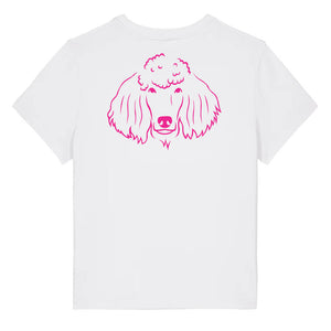 Magenta outline illustration of the head of a Poodle on the back of a white ladies t-shirt