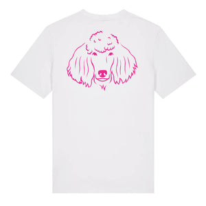 Magenta outline illustration of the head of a Poodle on the back of a white unisex t-shirt
