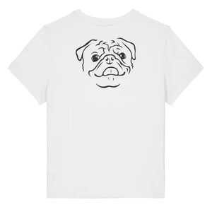 Black outline illustration of the head of a Pug on the back of a white ladies t-shirt