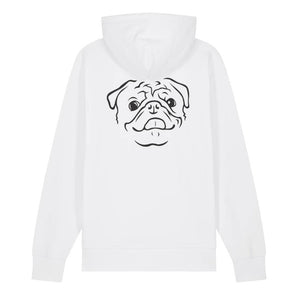 Black outline illustration of the head of a Pug on the back of a white unisex Hoodie