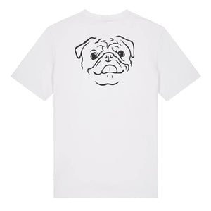 Black outline illustration of the head of a Pug on the back of a white unisex t-shirt