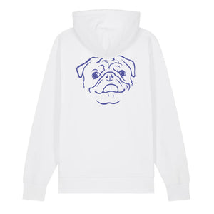Blue outline illustration of the head of a Pug on the back of a white unisex Hoodie