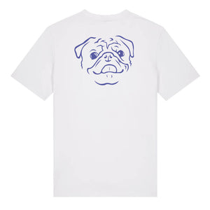 Blue outline illustration of the head of a Pug on the back of a white unisex t-shirt