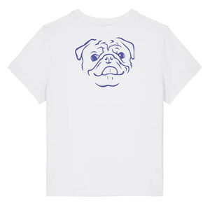 Blue outline illustration of the head of a Pug on the back of a white ladies t-shirt