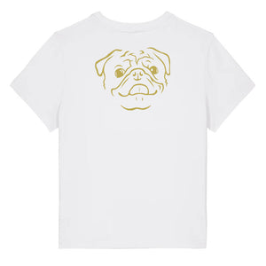 Gold outline illustration of the head of a Pug on the back of a white ladies t-shirt