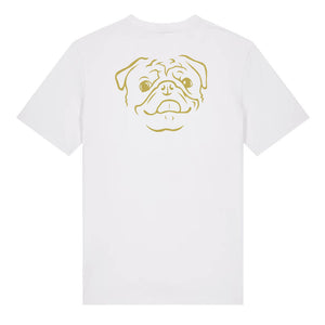 Gold outline illustration of the head of a Pug on the back of a white unisex t-shirt