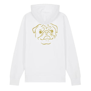 Gold outline illustration of the head of a Pug on the back of a white unisex Hoodie