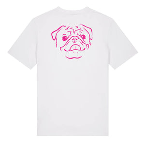 Magenta outline illustration of the head of a Pug on the back of a white unisex t-shirt