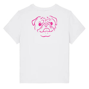 Magenta outline illustration of the head of a Pug on the back of a white ladies t-shirt