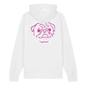 Magenta outline illustration of the head of a Pug on the back of a white unisex Hoodie