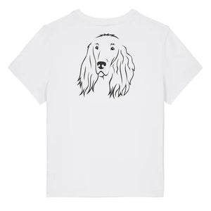 Black outline illustration of the head of an Irish Red Setter on the back of a white ladies t-shirt