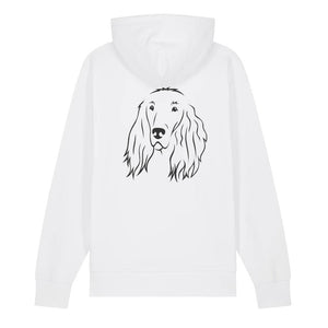 Black outline illustration of the head of an Irish Red Setter on the back of a white unisex Hoodie