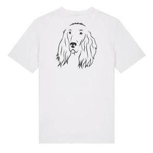 Black outline illustration of the head of an Irish Red Setter on the back of a white unisex t-shirt
