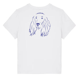 Blue outline illustration of the head of an Irish Red Setter on the back of a white ladies t-shirt