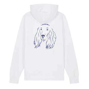Blue outline illustration of the head of an Irish Red Setter on the back of a white unisex Hoodie
