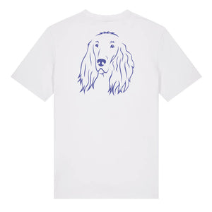 Blue outline illustration of the head of an Irish Red Setter on the back of a white unisex t-shirt