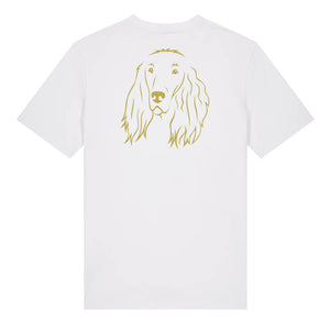 Gold outline illustration of the head of an Irish Red Setter on the back of a white unisex t-shirt