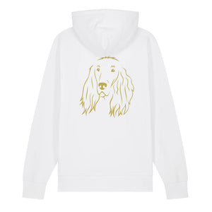 Gold outline illustration of the head of an Irish Red Setter on the back of a white unisex Hoodie