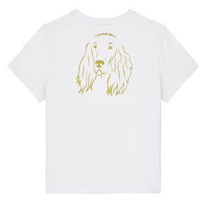 Gold outline illustration of the head of an Irish Red Setter on the back of a white ladies t-shirt