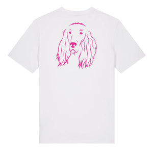 Magenta outline illustration of the head of an Irish Red Setter on the back of a white unisex t-shirt