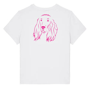 Magenta outline illustration of the head of an Irish Red Setter on the back of a white ladies t-shirt