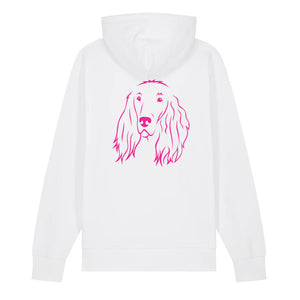 Magenta outline illustration of the head of an Irish Red Setter on the back of a white unisex Hoodie