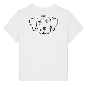 Black outline illustration of the head of a Rhodesian Ridgeback on the back of a white ladies t-shirt